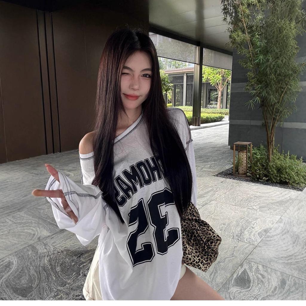 Women's O Neck Long Sleeve T-Shirt Loose Fit Casual Vintage Off Shoulder Letter Print Top