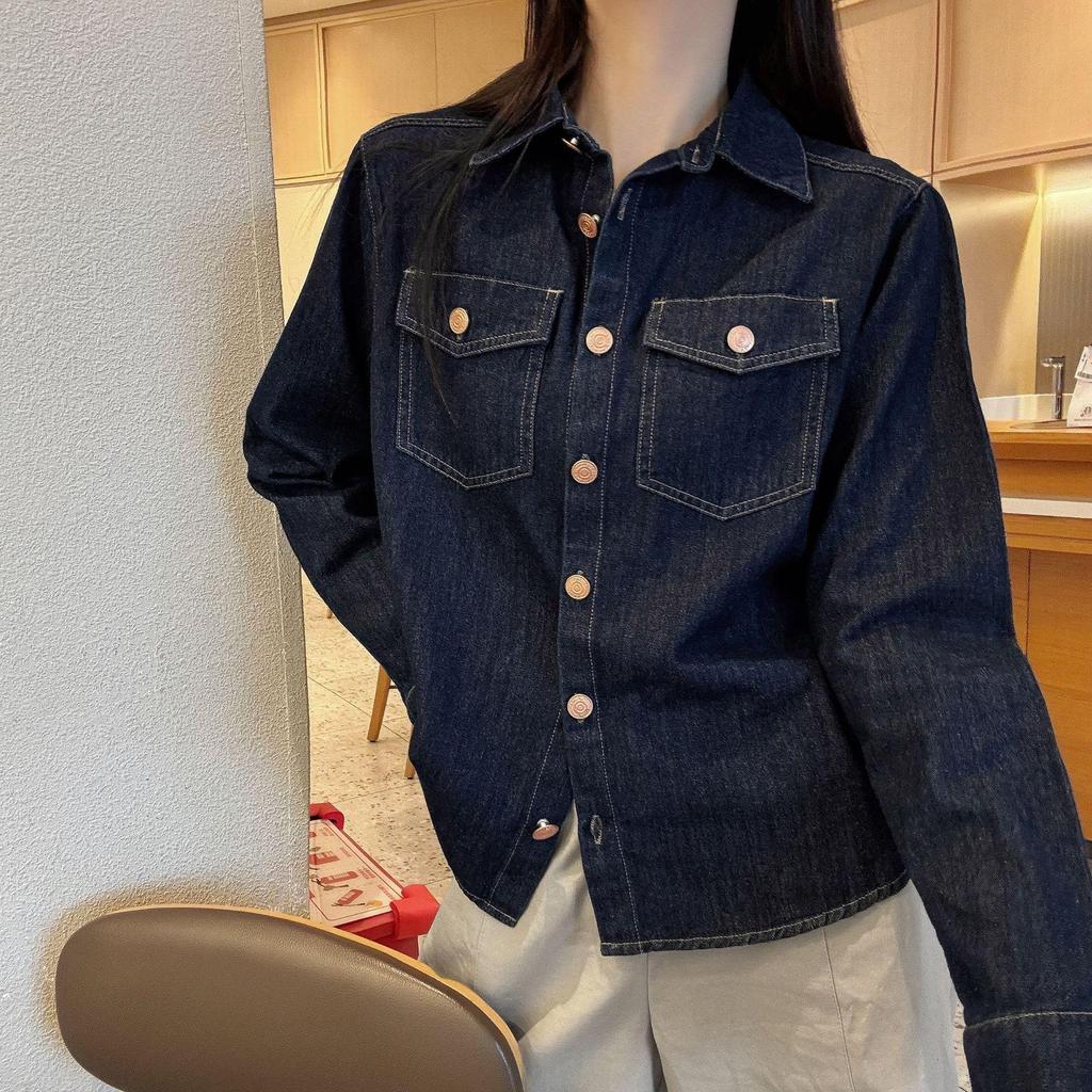 European Retro Dark Blue Denim Shirt for Women - Early Spring 2026 Fashion, Loose Fit with Lapel Collar.