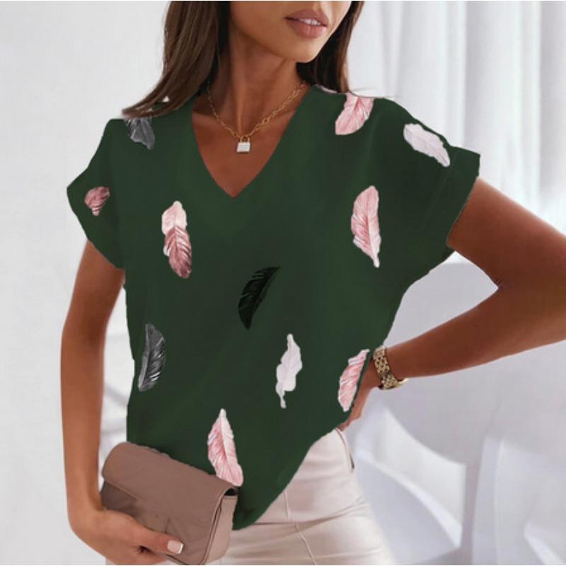 Feather 3D Printed T-shirts V-neck Short Sleeved Women's T-shirts