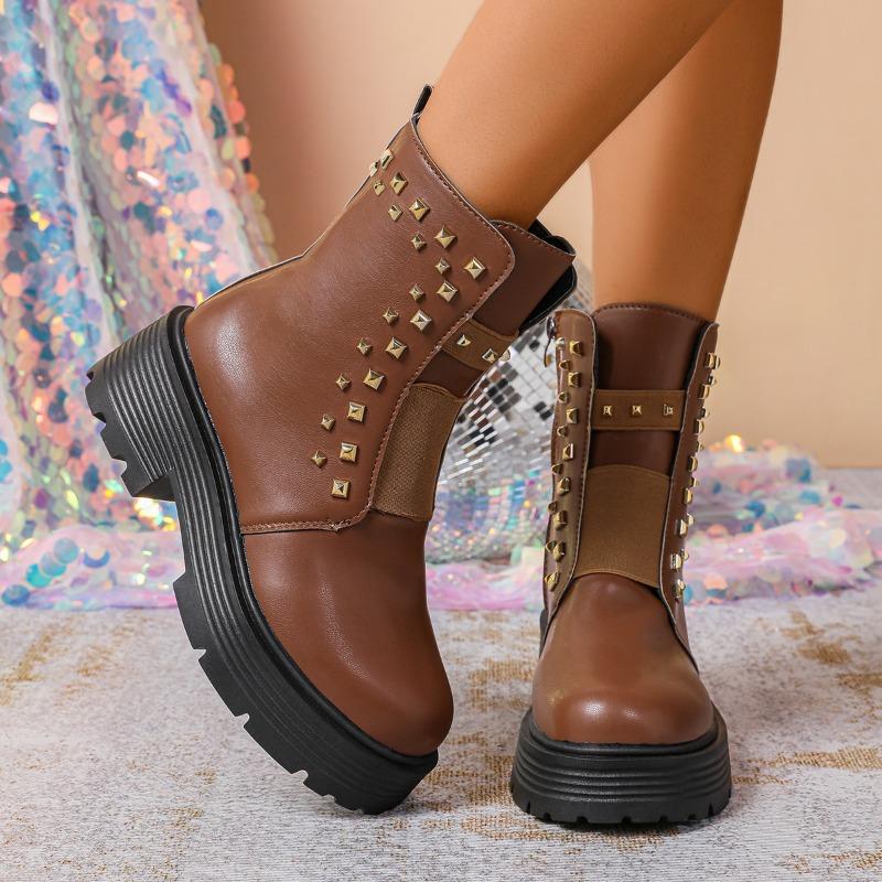 

Studded Booties Winter New Round Toe Side Zipper Platform Non-Slip Block Heel Boots for Women 35 темно-коричневого