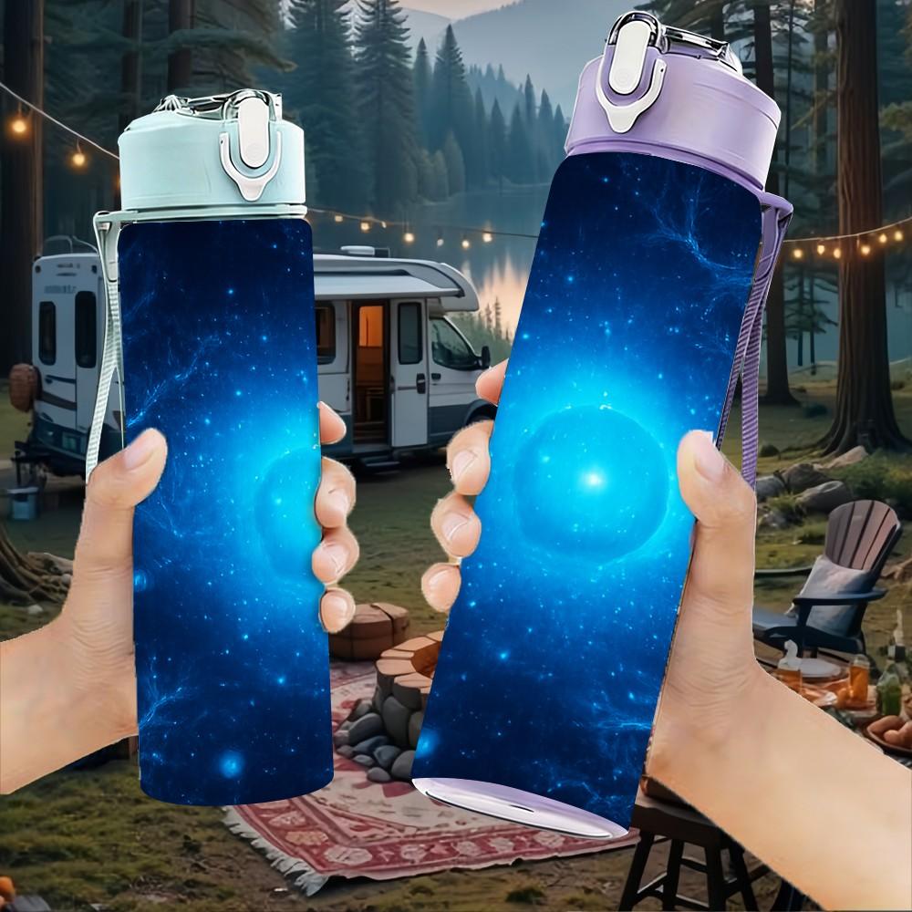 1PC Deep Blue Electric Cosmic Nebula Space Print 750ml Color Plastic Sports Water Bottle Leakproof Flip Straw Lid Suitable for Sports Office Home Use
