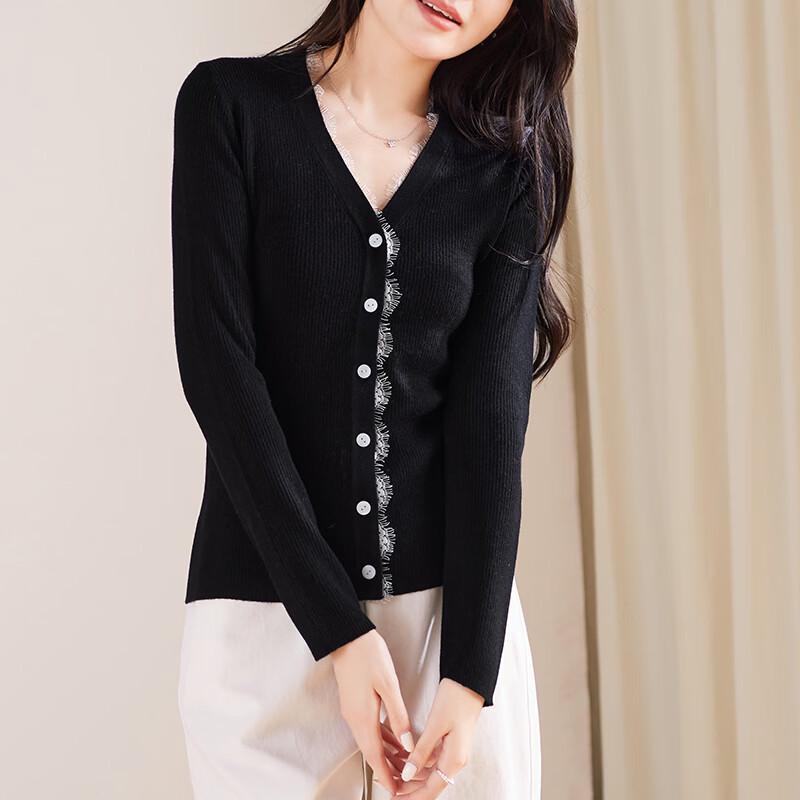 SOFSIL 2026 Spring V-Neck Lace Spliced Knit Cardigan M