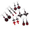 Elegant Gothic Renaissance Bat Cross Red Glass Earrings