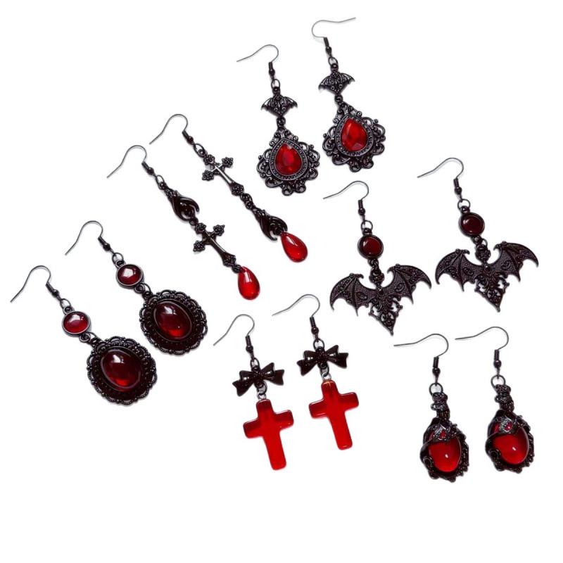Elegant Gothic Renaissance Bat Cross Red Glass Earrings