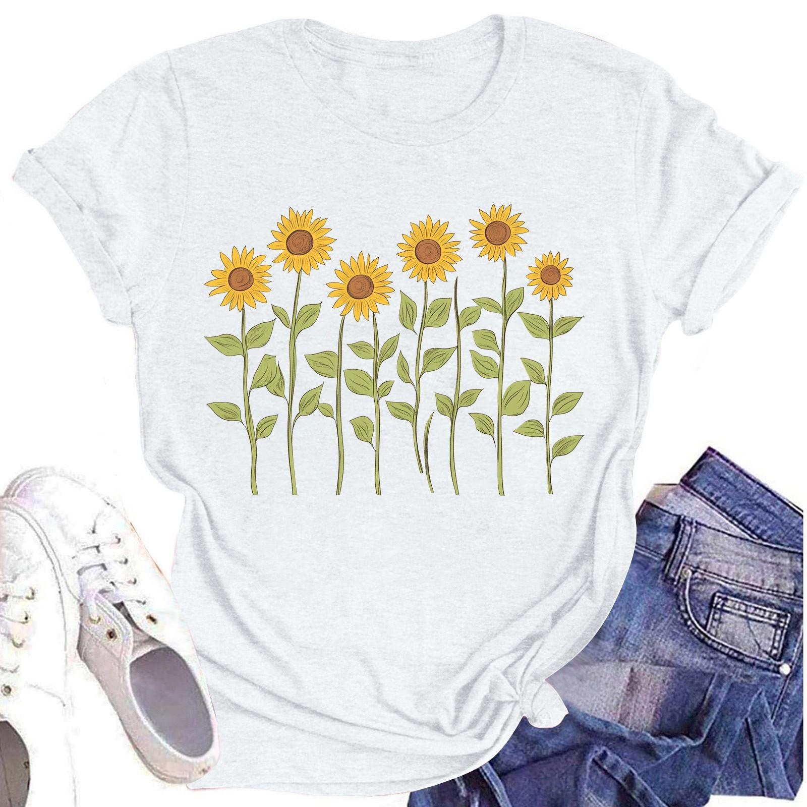 

Женская повседневная футболка с круглым вырезом и цветочным принтом, короткий рукав XL белый