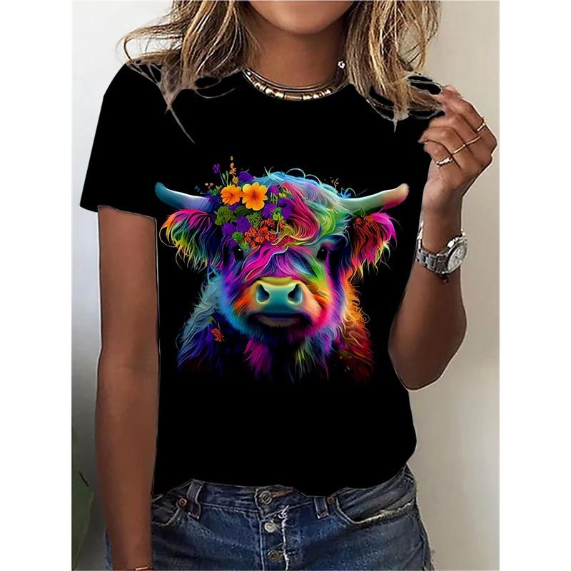 T-shirt con motivo mucca felice per donna, magliette divertenti con stampa 3D di animali, magliette estive alla moda, maniche corte, scollo rotondo, abbigliamento da strada