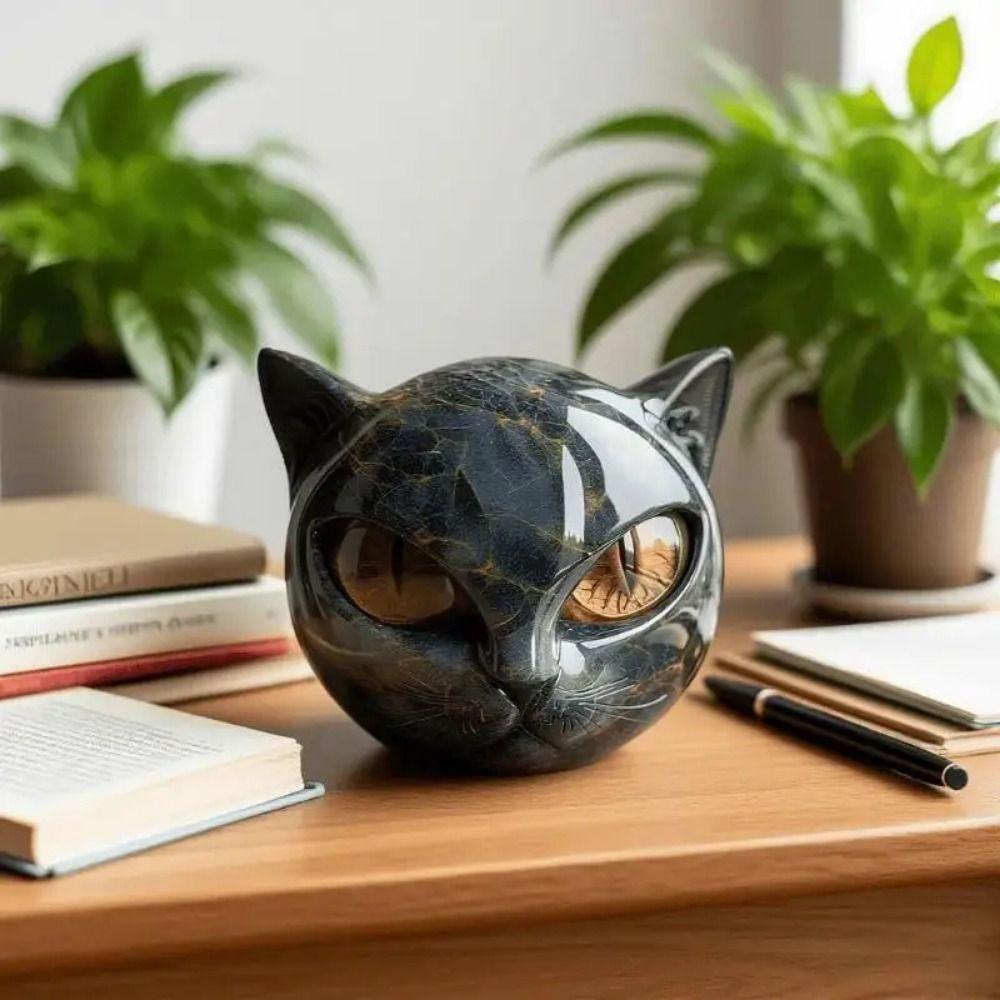 Amber Eyes Resin Stone Sculpture Resin Luxury Marble Texture Hand-Carved Cat Stone Bookshelf Decor