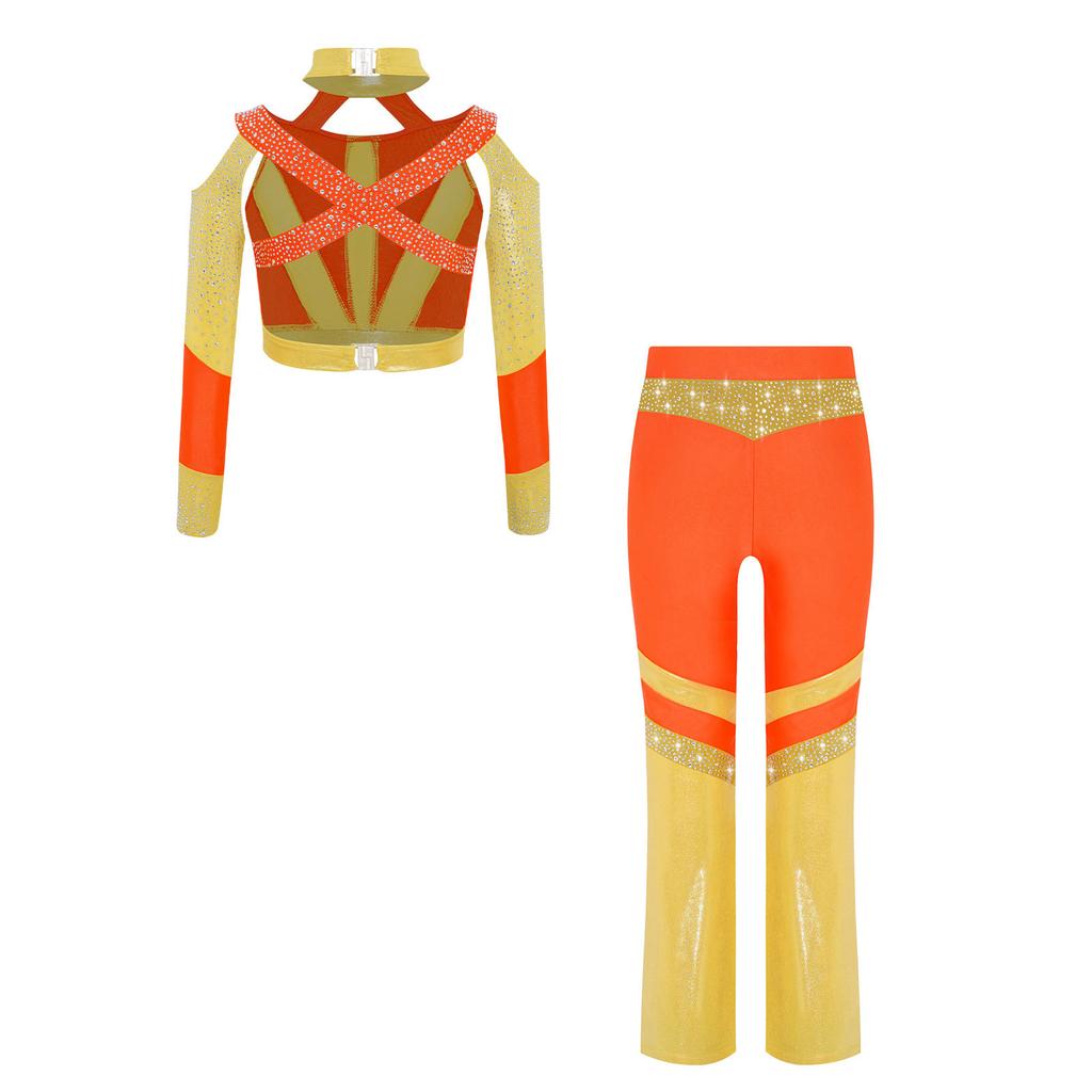 Girls Gymnastics Costume Long Sleeve Shiny Top Rhinestone Color Block Cross Back Flared Pants