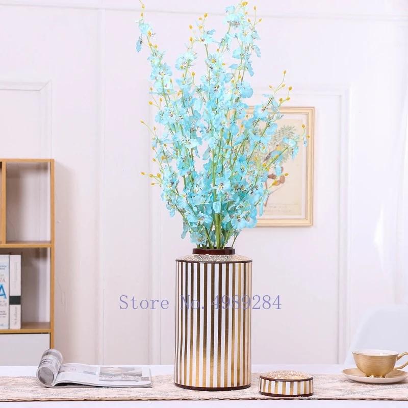 Creativity Ceramics Vase with Cover Golden Stripe Modern Storage Jar Modern Home Desktop Flower Arrangement Vases Decoration