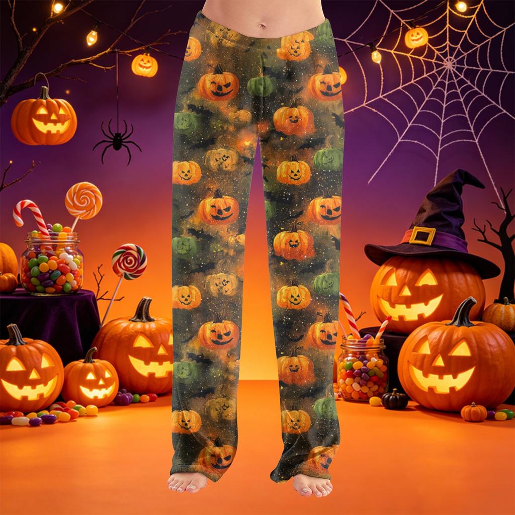 Women Plush Lounge Pants Halloween Printed Soft Cozy Casual Long Pants Elastic Waistband Relaxed Fit Sleepwear