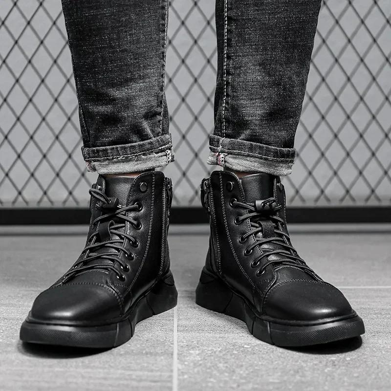 Fashion Genuine Leather Business Short Boots Men's New Autumn Winter 2024 British Fashion Plush Flat Shoes Trend Casual Shoes Soft
