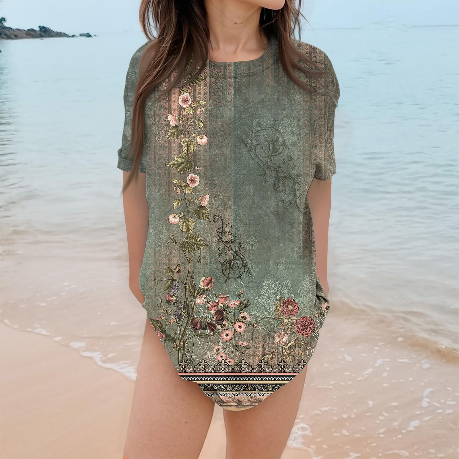 

Модные футболки для женщин, летние топы с коротким рукавом, свободные топы с круглым вырезом M зелёный