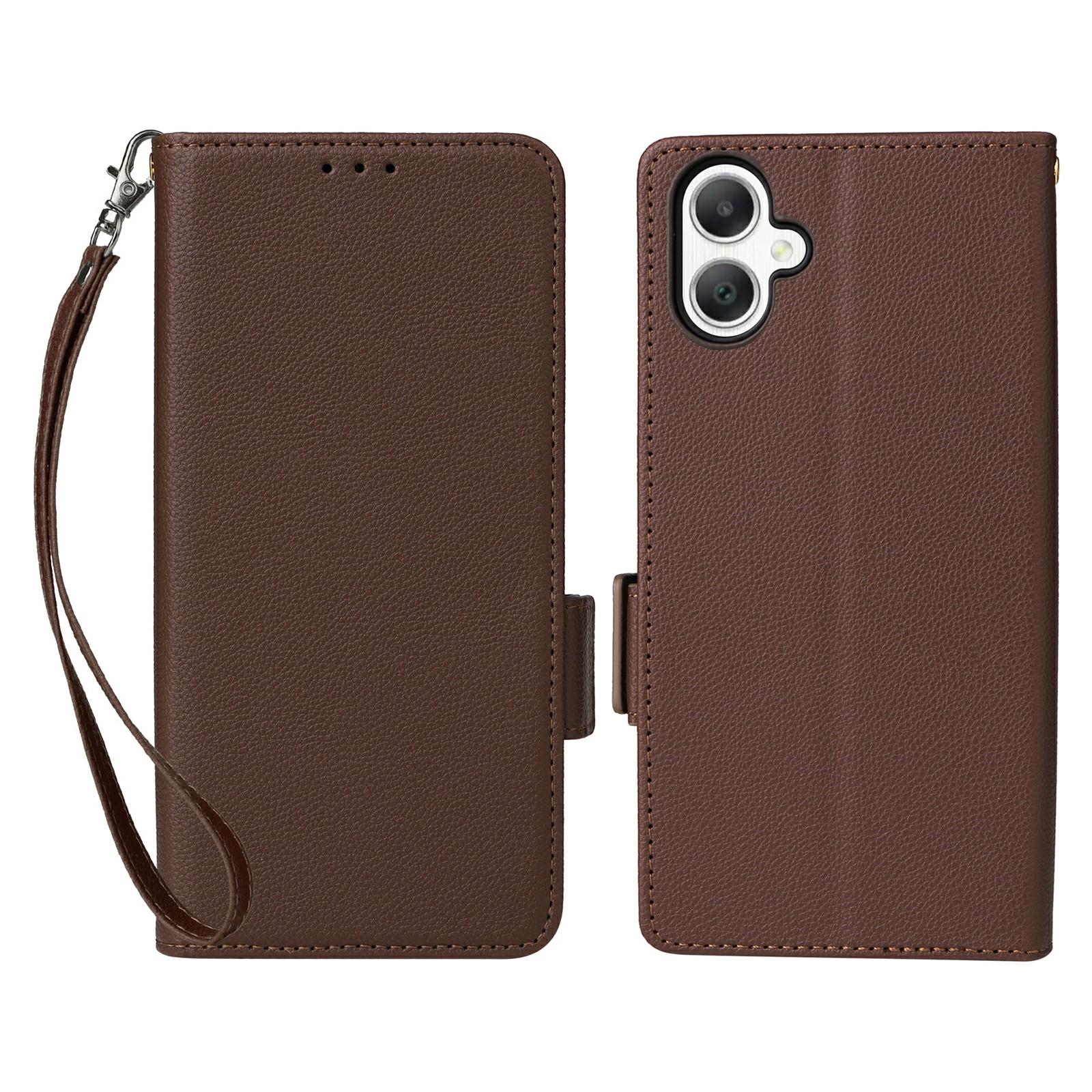

For Samsung Galaxy A07 4G Case with Wrist Strap Litchi Texture PU Leather Wallet Phone Cover Brown