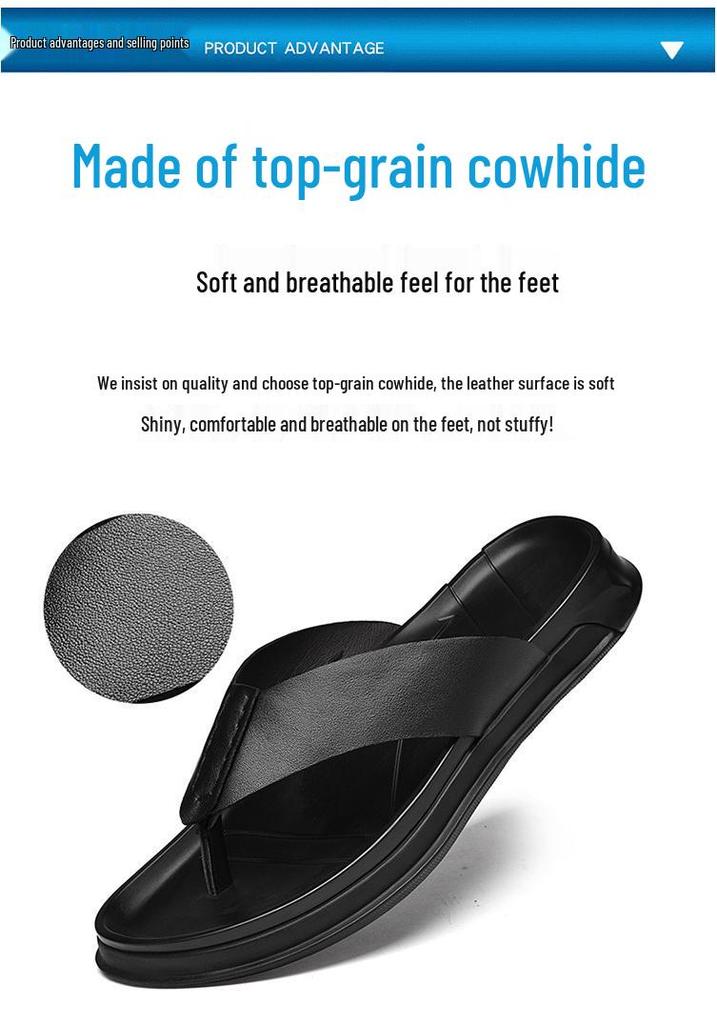 Men's Genuine Leather Summer Flip-Flops, Toe Post Beach Shoes, Lightweight & Breathable Slippers
