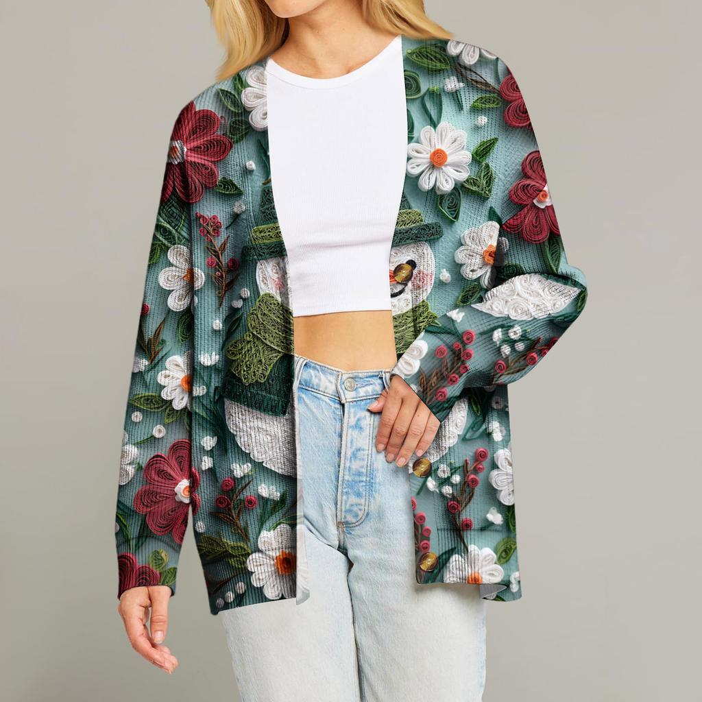 Women's Fashion Long Sleeve Print V-Neck Button Loose Cardigan Top