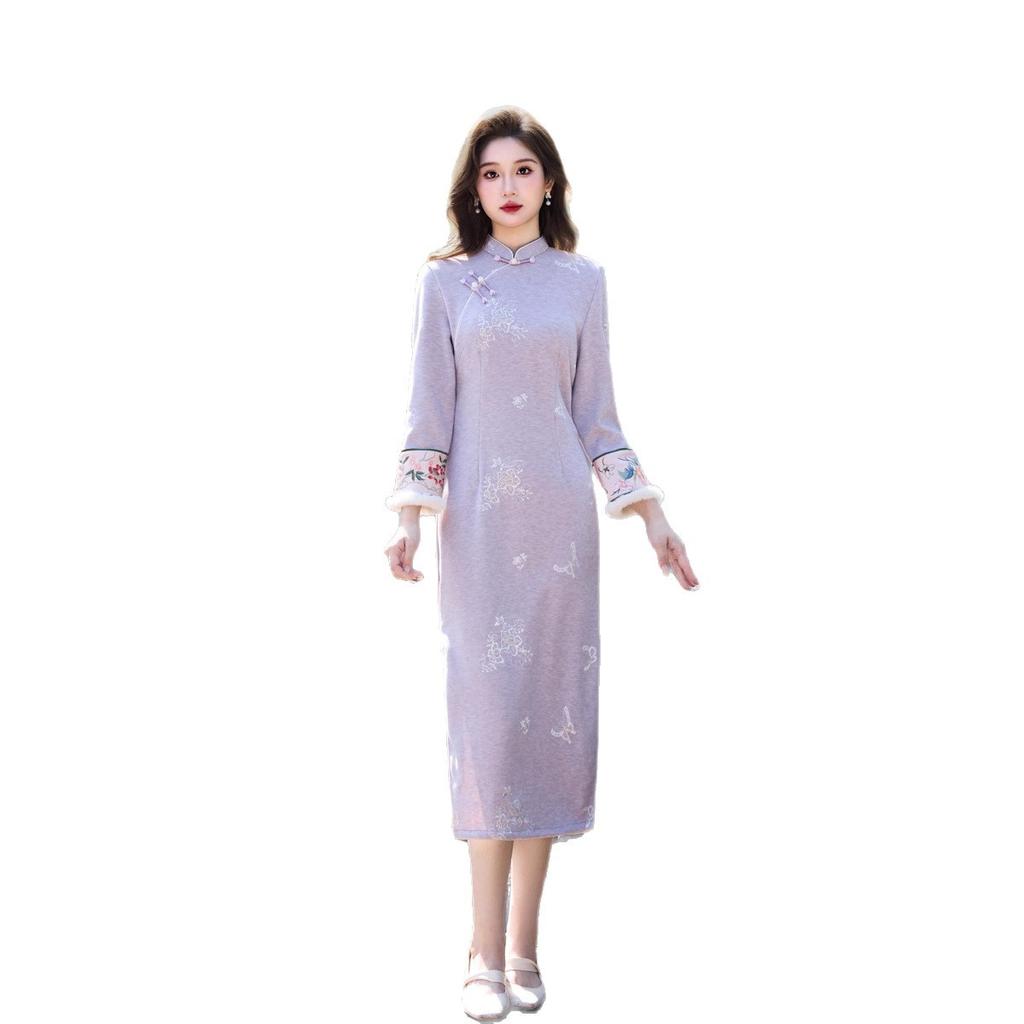 1011 Yellow New Temperament Fleece Improved Chinese Dress Long Sleeve Girl Cheongsam Daily Young Autumn and Winter