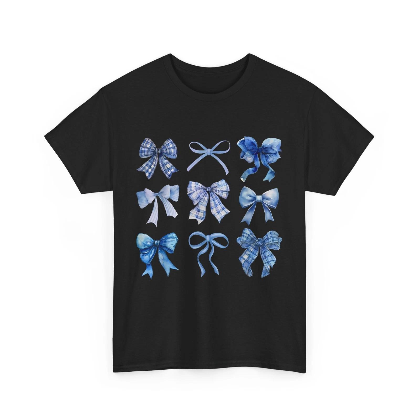 Blue Bow and Ribbon Cute Graphic For Women T-Shirt Coquette Bow Blue Ribbon Tee L