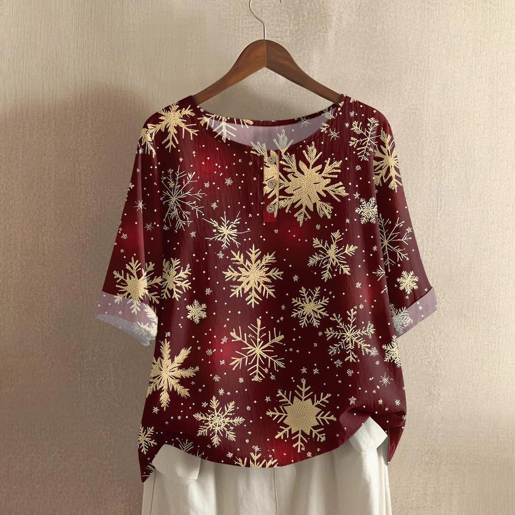 Kadın Modası Ve Günlük Gömlek Yarım Kollu Yuvarlak Yaka Noel Baskılı Pamuk Ve Keten Bluz Üst