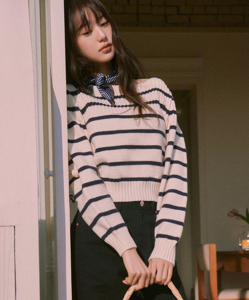 ROLAROLA Stripe Boat Neck Knit Wh+Nv