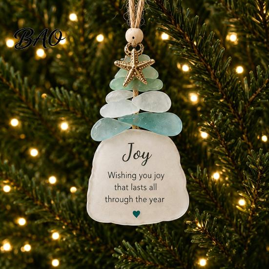 Handmade Christmas Ornament Sea Glass Tree Ornament, Seaglass Art Hanging Decor with Starfish Charm, Coastal Theme Decoration Peace Love Joy