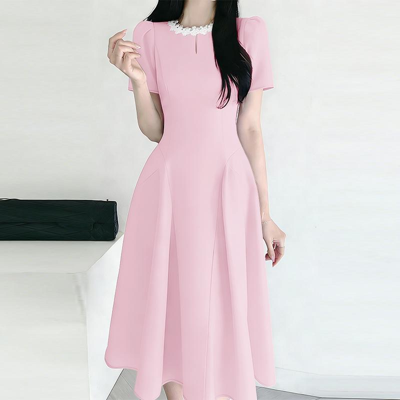 ZANZEA Women Splice Round Neck Summer Casual Short Sleeve Dress S розовый