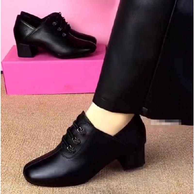 Fashion Thick Heel Single Shoes Women's Autumn New Versatile Soft Sole Women's Shoes Medium Heel Leather Shoes Dance Shoes Women