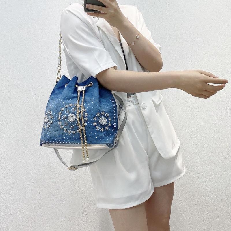 Bags Women'S Bags Bucket Bags One Shoulder Crossbody Woven Bags Rhinestone Chain Bags Denim Bags