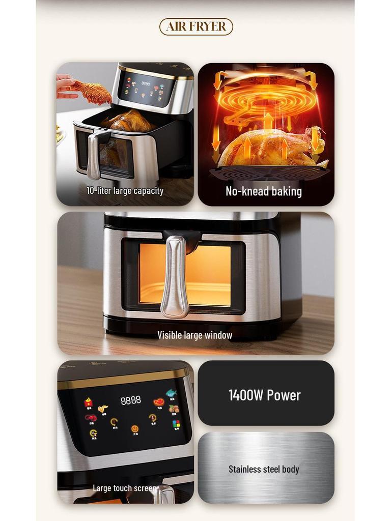 2025 Touch Control Stainless Steel Air Fryer with Large Capacity and Visible Cooking Chamber