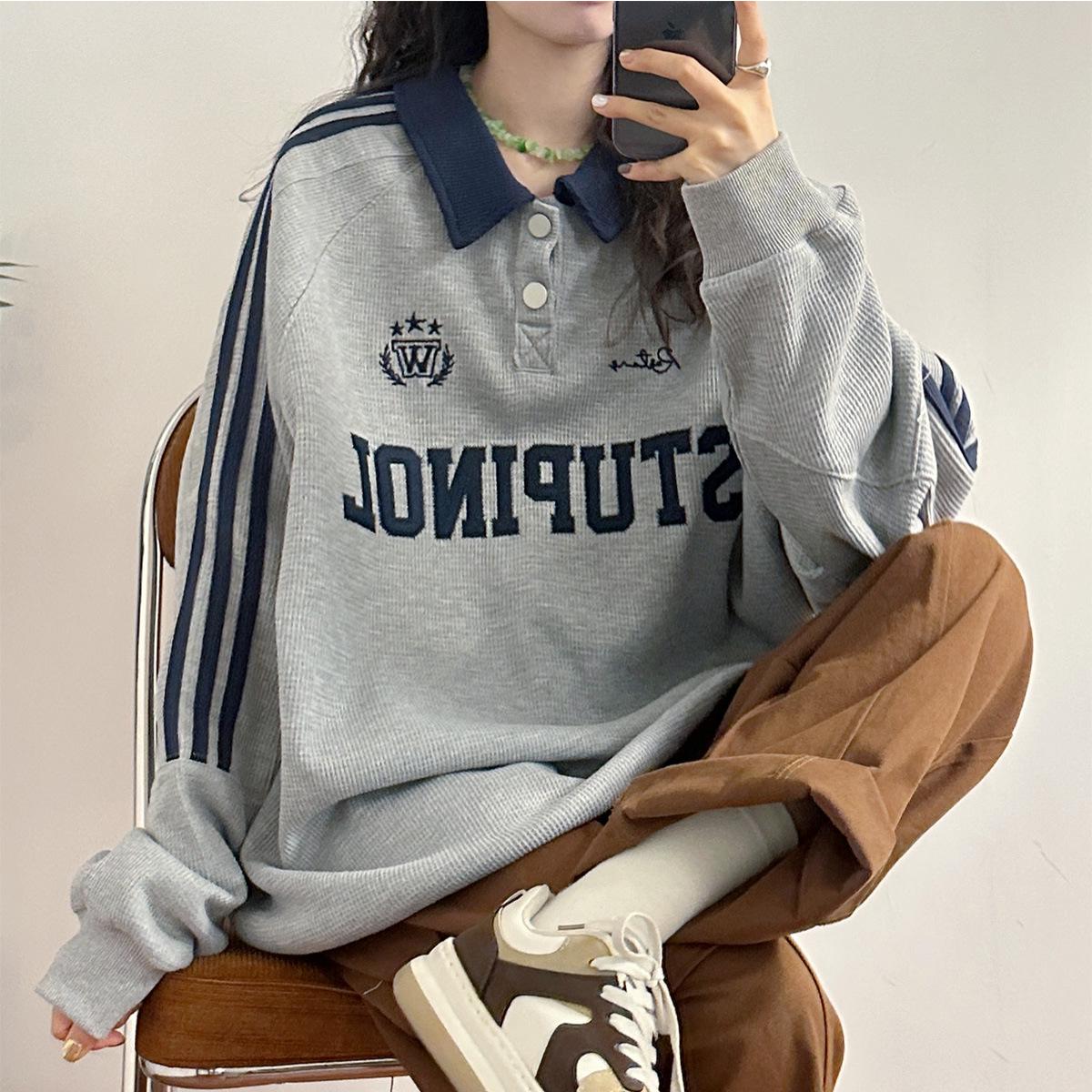 

2025 Spring/Autumn American Retro Trend Japanese-Style Straight Shoulder Polo Collar Long Sleeve Sweatshirt M [Recommended for under 100 lbs]