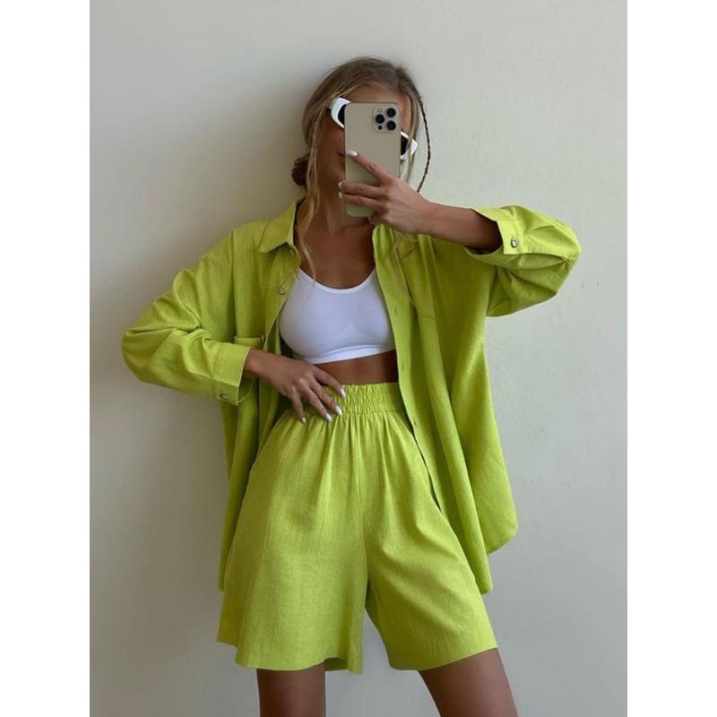 Fashion Long Sleeve Shirt and Loose Wide Leg Shorts Sets Women Buttons Spring Autumn Elastic Waist Casual Shorts Suit Outfits Elegant Clothes 1083