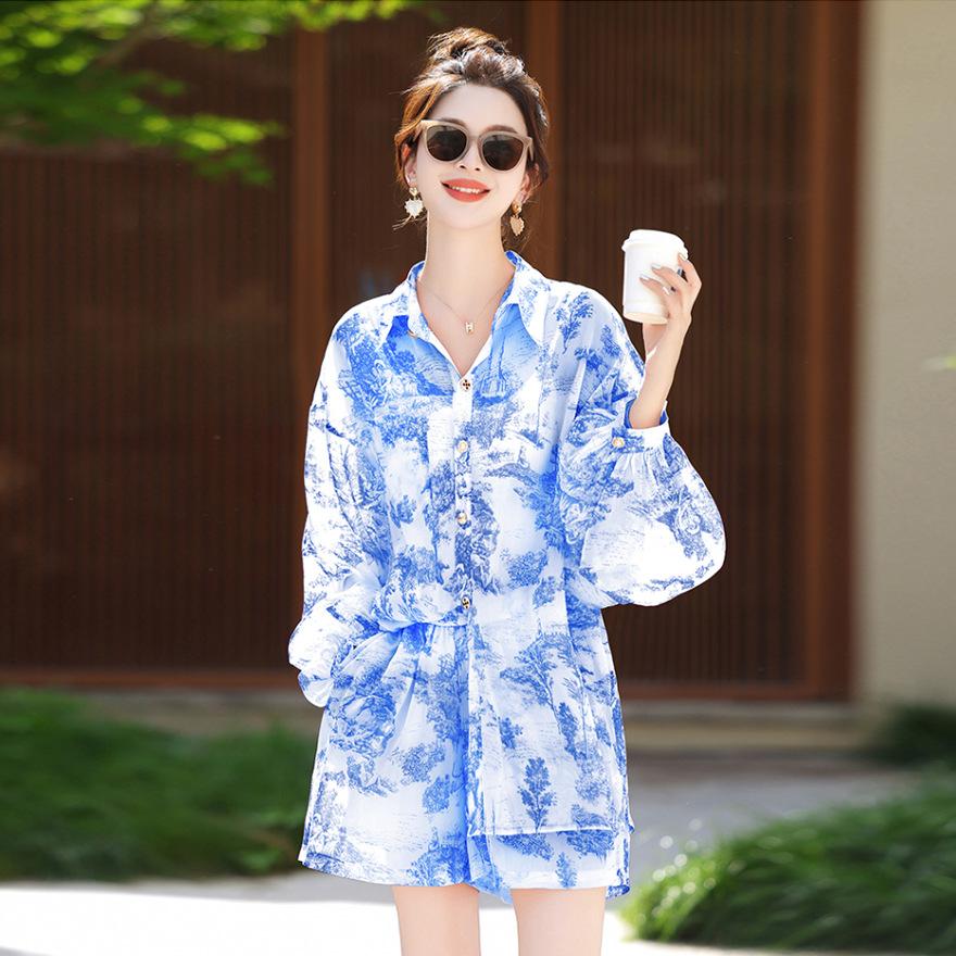 Pink sunscreen shirt shorts set women's new small design casual two-piece set