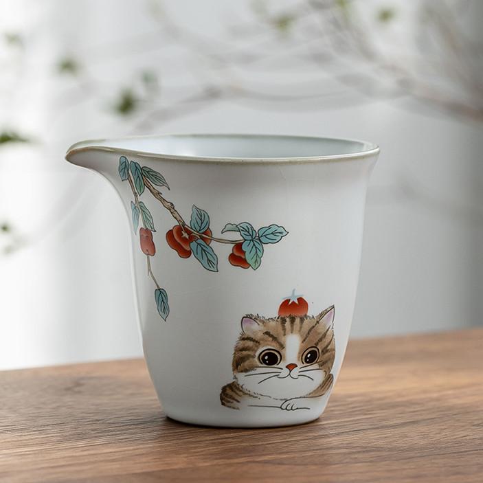 200ml Chinese Tradition Ru Kiln Fair Cup Cute Cat Pattern Ceramic Teacup Beauty Tea Infuser Master Handmade Tea Set Accessories