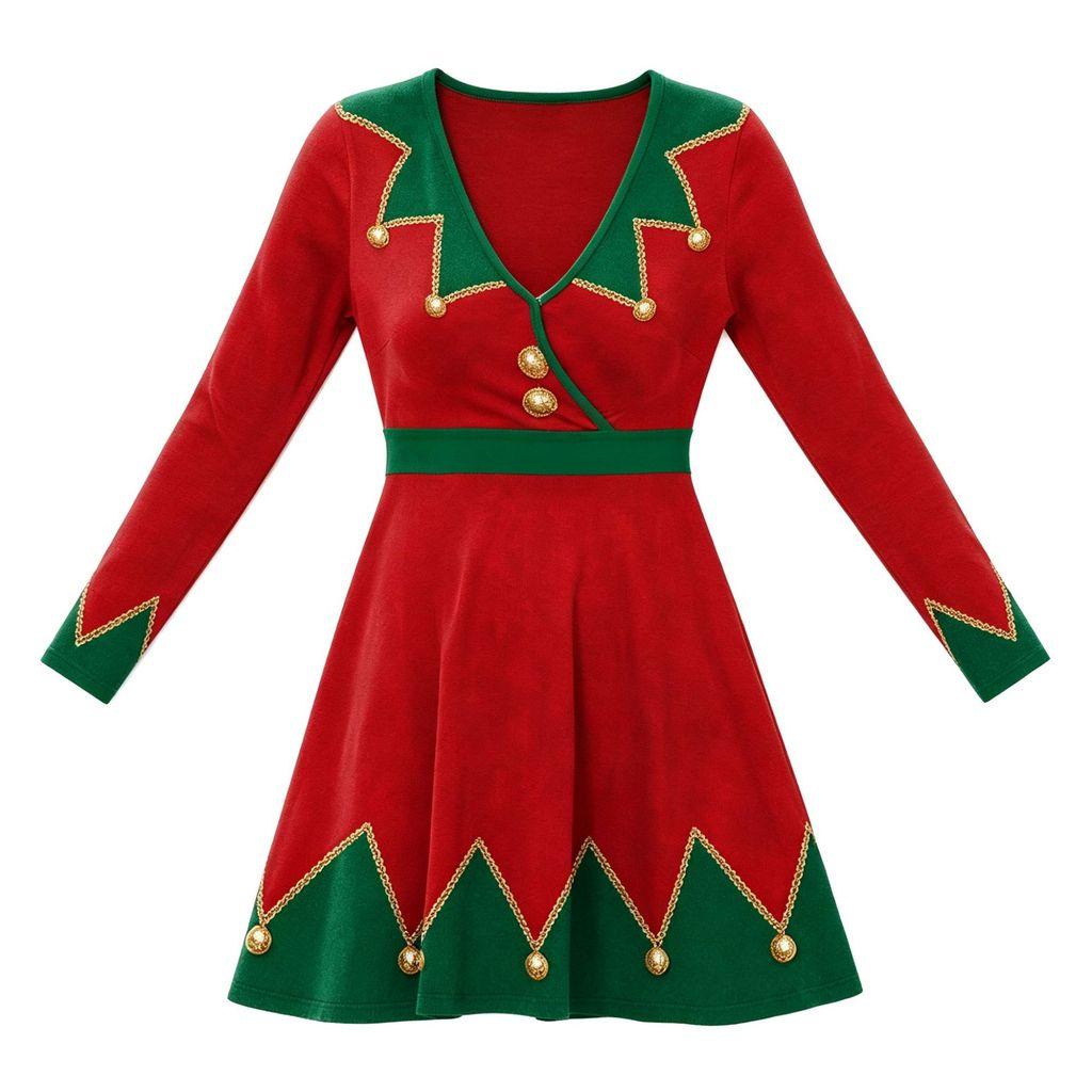 Christmas Elf Girl Costume Dress With Long Sleeves For Holiday Party Performances