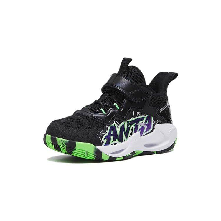 Anta Wind Tunnel Comfortable Versatile Shock Absorption Mid-Top Kids Basketball Shoes Kids sneaker Black Green 312319951-4