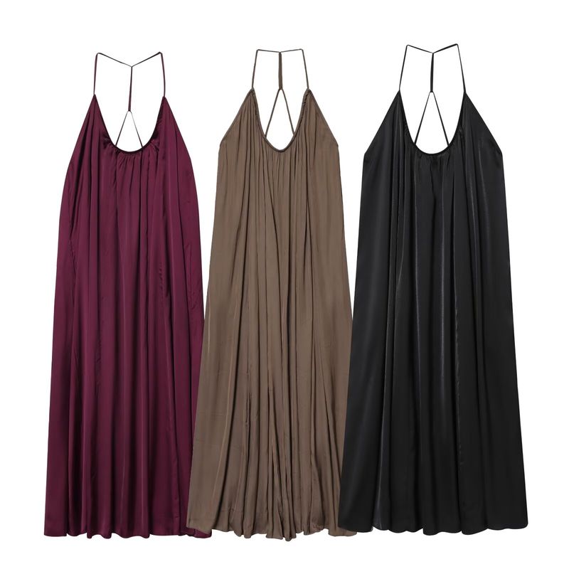 Kaslead New Women clothes Western Style Fashion Simple Silk Satin Texture Long Dress 8040019