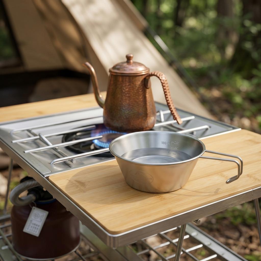 Stainless Steel Camping Bowl Outdoor Portable Bowl with Handle Measuring Marks for Hiking Picnic and Outdoor Cooking