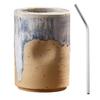 Vintage Keramik-Kaffeebecher mit Strohhalm, Retro Handbemalte Gestreifte Zylinderbecher, Grobkeramik für Heiße Kalte Getränke