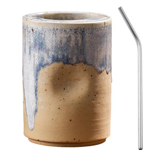 Vintage Keramik-Kaffeebecher mit Strohhalm, Retro Handbemalte Gestreifte Zylinderbecher, Grobkeramik für Heiße Kalte Getränke