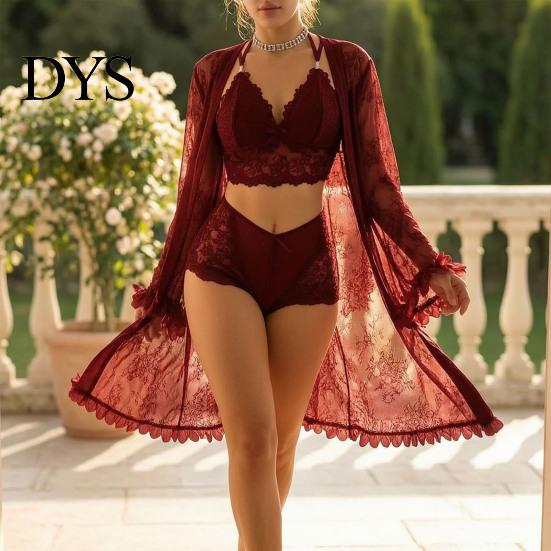 See Through Sleepwear Sexy Mesh Set, Women Lace Kimono Robe with Sheer Bra & Panty, Three Piece Nightgown for Ladies Nightwear