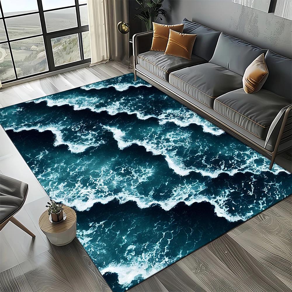 2025 New Style Blue Green Sea Wave Seawater Nature 3D Carpet Rug for Living Room Bedroom Home Sofa Decoration,Non-slip Floor Mat