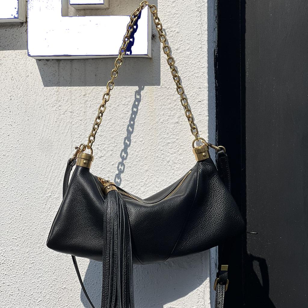 Genuine Leather Shoulder Bag Niche Design Tassel Chain Underarm Bag Women's Bag Crossbody Bag Fashion Soft Top-Grain Cowhide