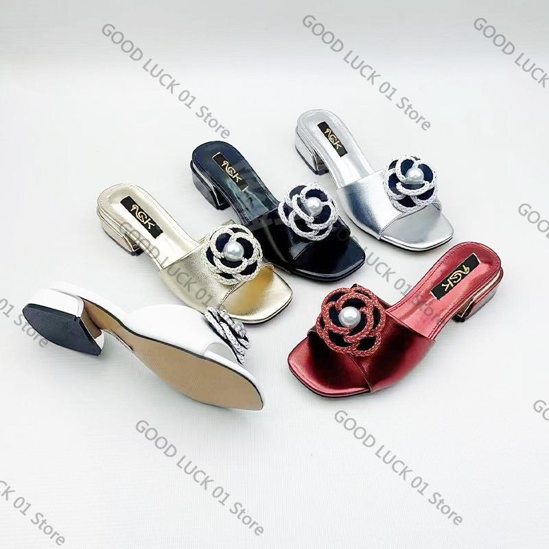 Fashion 2025 European and American New Thick Heel Round Head Flower Cool Slippers Single Shoes Women's