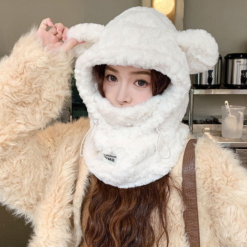 Fleece Thick Mask Scarf Integrated Cycling Warm Women's Scarf One-piece Plush Bear Ear Hat Men