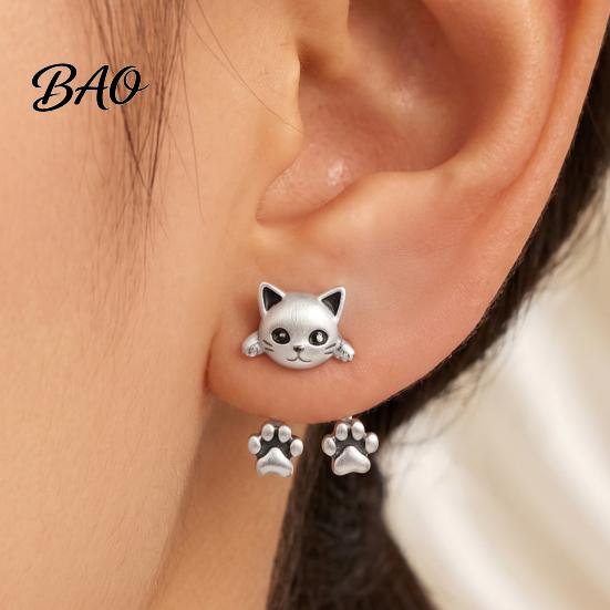 Cute Cat Earrings for Women 1 Pair Paw Women, Vintage Front Whimsical Lover Accessories Back Stud Earrings, Small Kitten Jewelry Gift Lovers