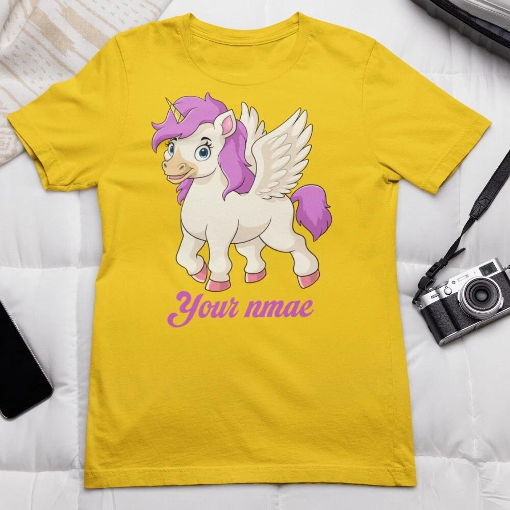 Personalised T-Shirt With Desired Name Cute Unicorn Wings Horn Short Sleeve