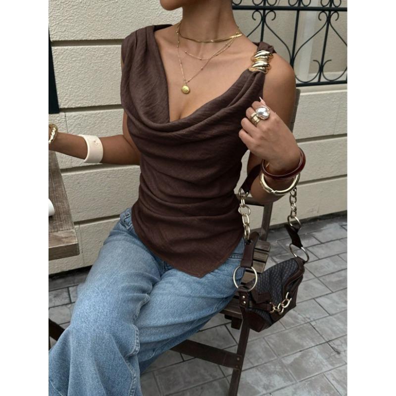 Womens Cowl Neck Sleeveless Blouse With Metal Button Shoulder Detail Casual Solid Color Tank Top