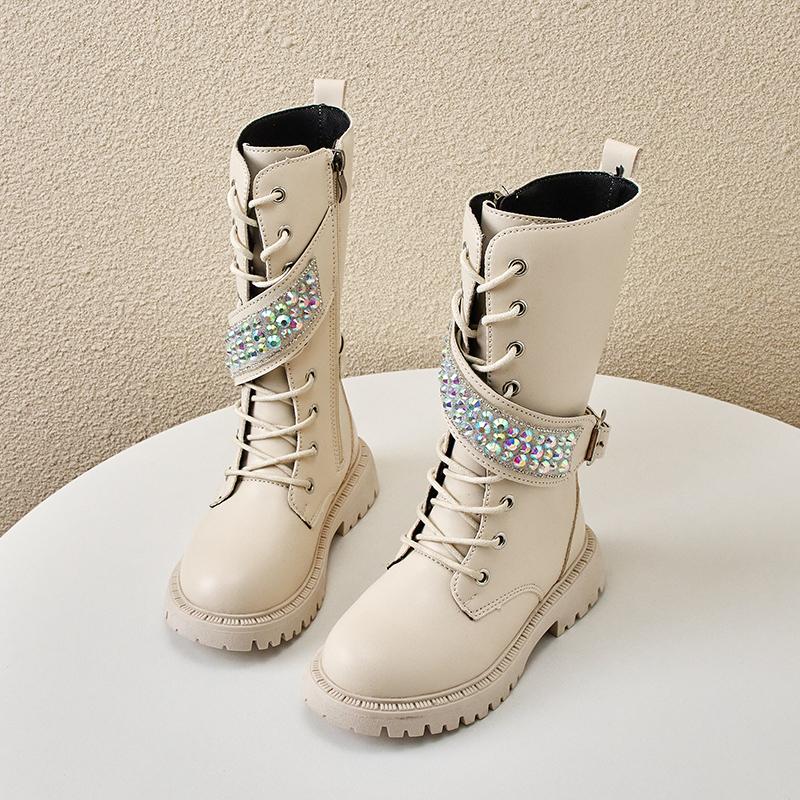 2024 New Girls High Boots Casual Sequined Korean Style Side Zipper Black Beige Princess Shoes Children Boots for Catwalk Elegant