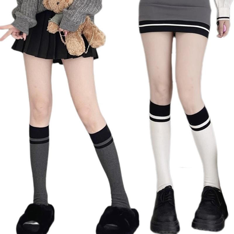 Women's Cotton Boot Socks Knee High Socks JK Preppy Calf Socks Simple Color Block Striped Knee High Stockings Gifts