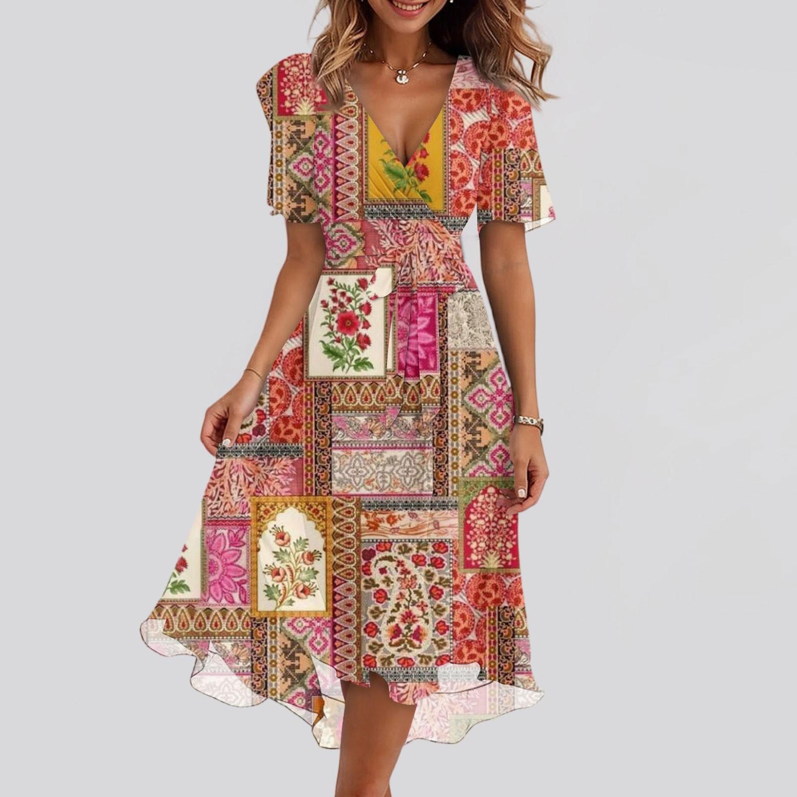 

Женский летний повседневный сарафан миди с цветочным принтом, запахом, V-образным вырезом, оборками, капюшоном, короткими рукавами, поясом, А-силуэта, с оборкой по подолу XL