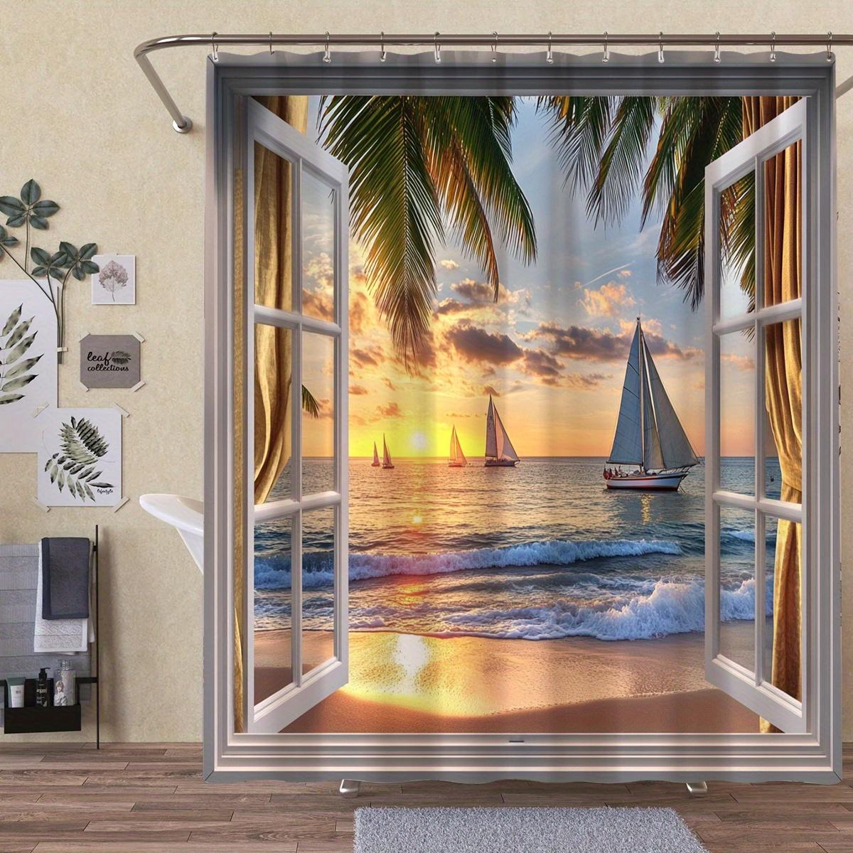 

1 Tropical Beach View Shower Curtain - Polyester With Hooks, Sunset Sailboat And Palm Tree Design, Four Seasons Bathroom Decor W60H190(CM)-1 Pcs